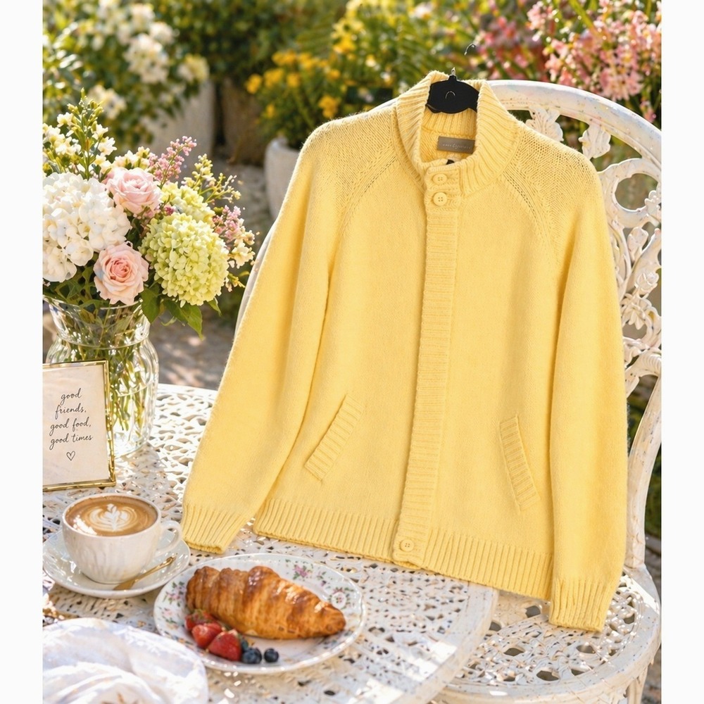 Croft Barrow Butter Yellow Cotton Long Sleeve Mock Neck Cardigan Sweater XLP